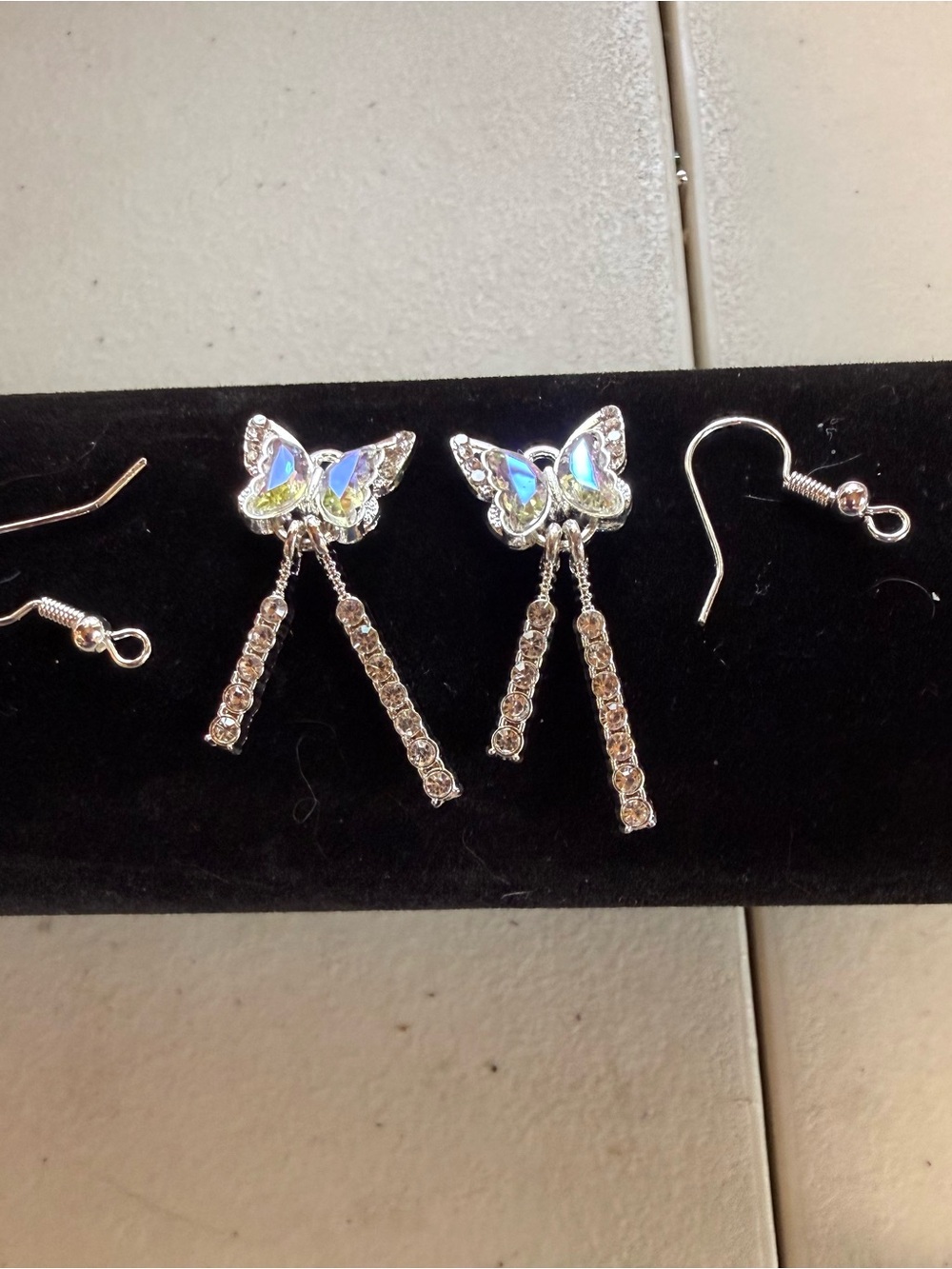 Silver Butterfly Dangle Earrings with Rhinestone Drop